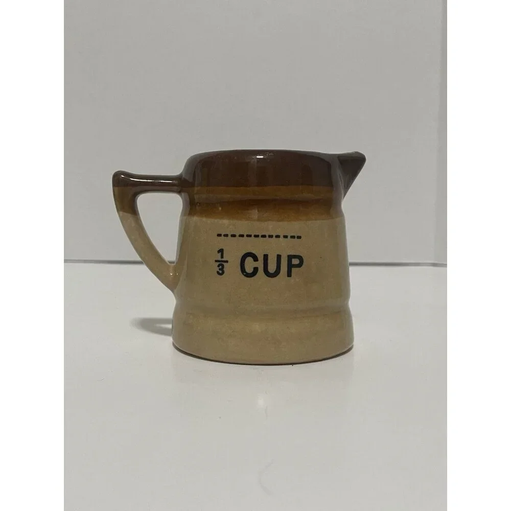 Vintage Crock Measuring Cups Set of 3 Brown Tan Glazed Ceramic